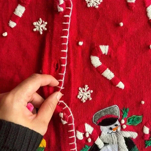 VTG Victoria Jones Christmas Sweater Large Red Button Up Cardigan Snowman - Picture 6 of 11
